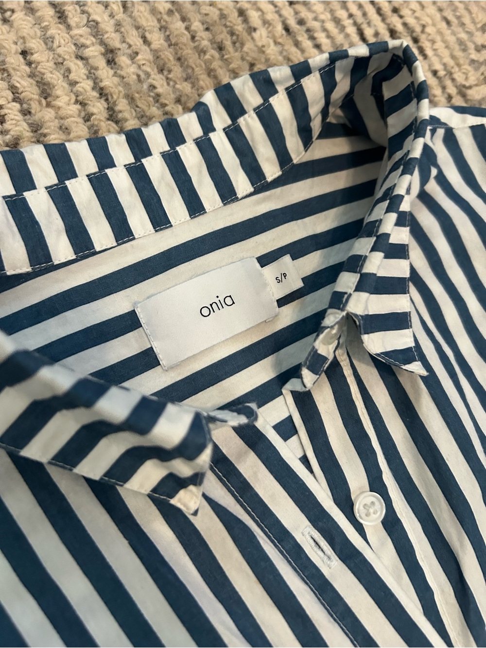 Onia Navy and White Striped Crop Button-Up Shirt Cotton Women’s Minimalist Small